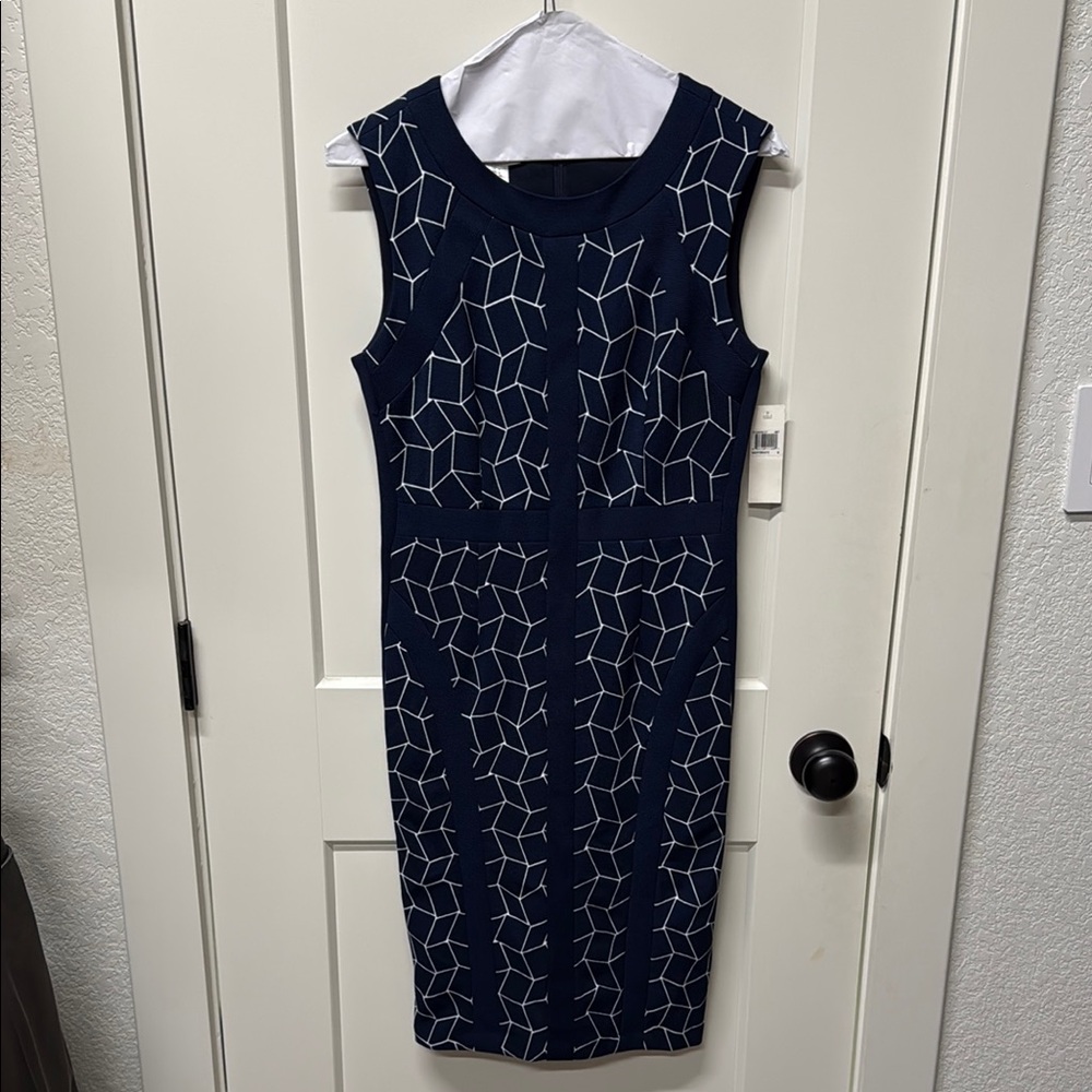 Blue and White Sleeveless Crew Neck Sheath Dress